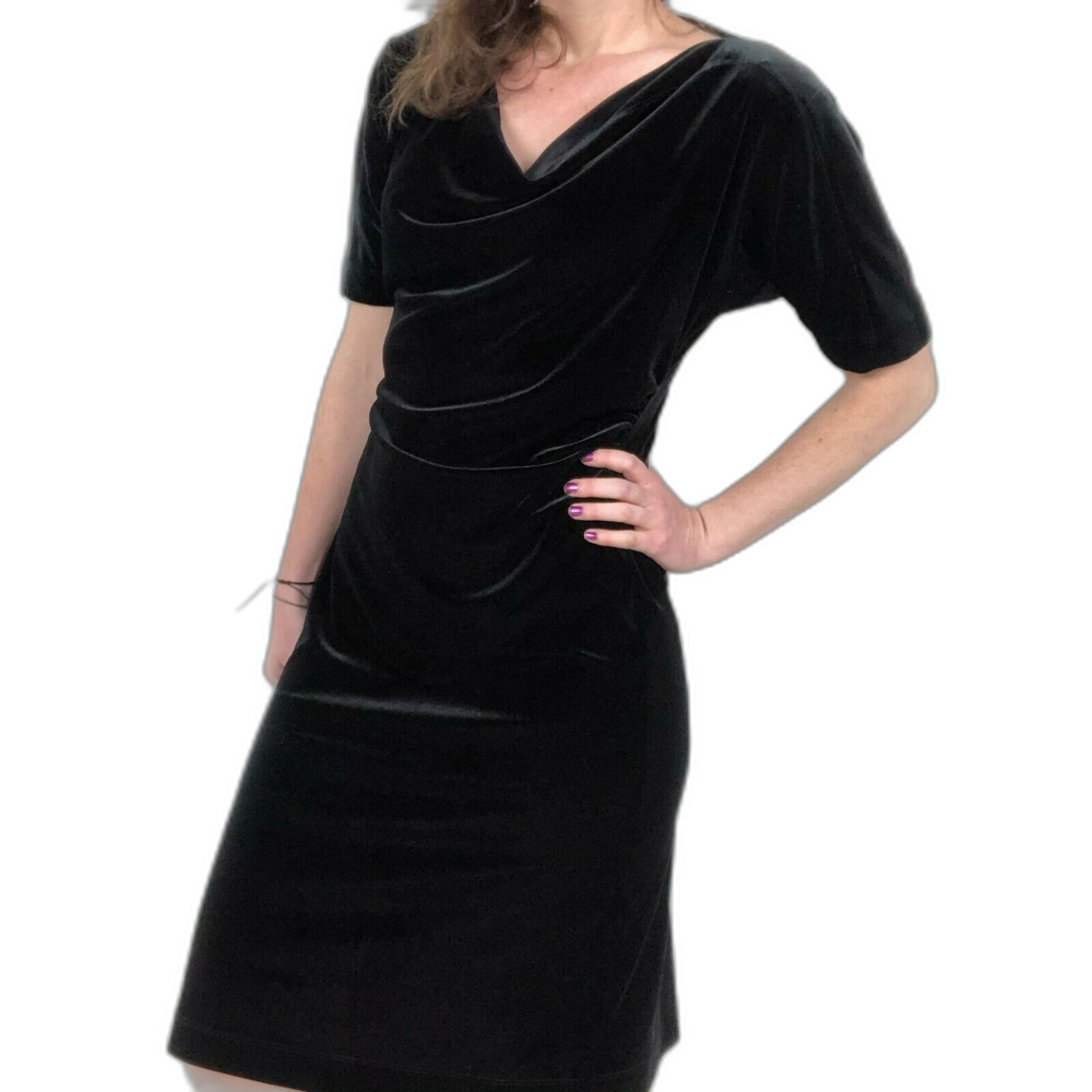 BCBGMaxazria Black Crushed Velvet Short Sleeve Cowl Neck Dress Women's Medium